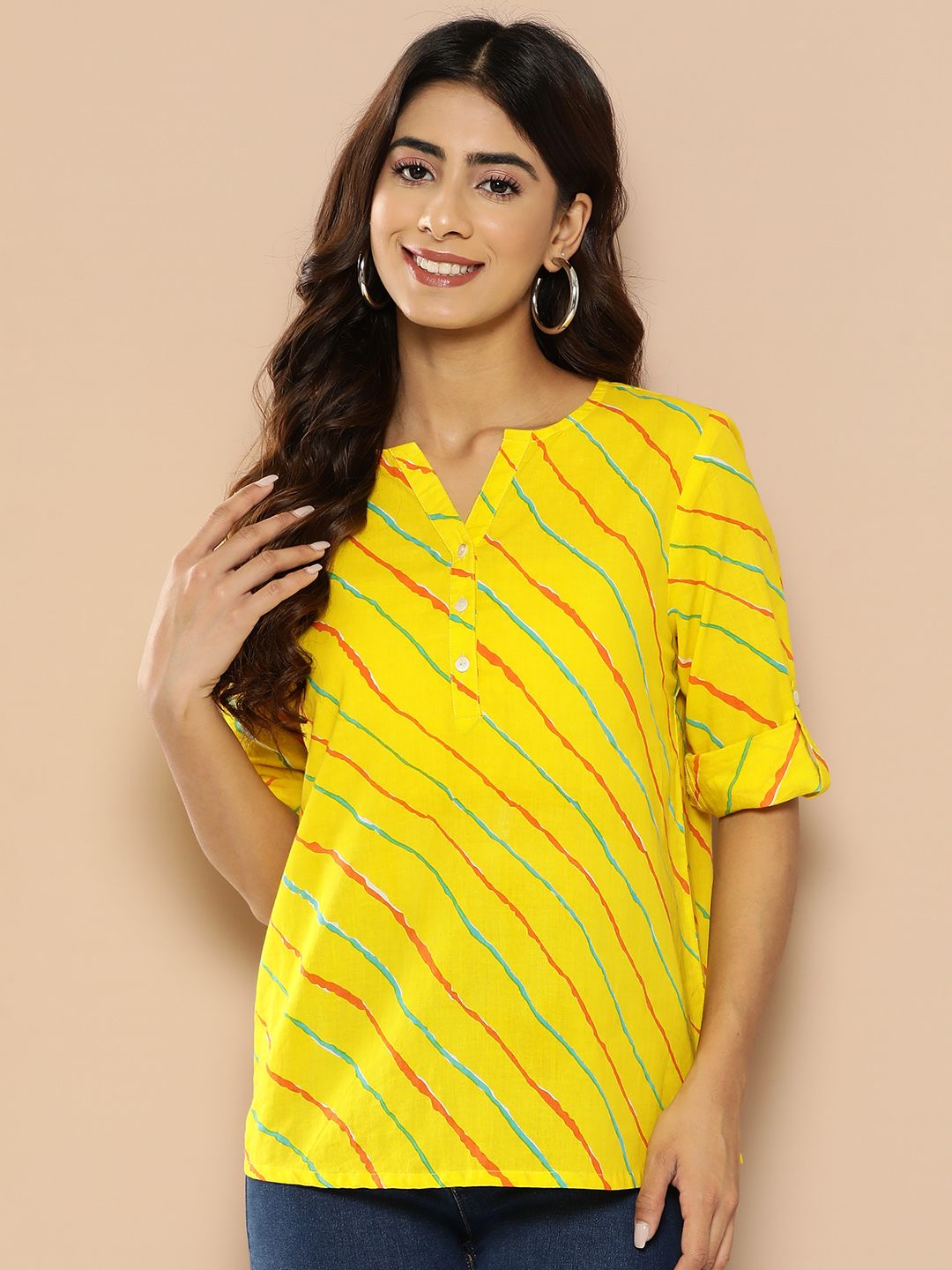 Dhimhi Women's Striped Mandarin Collar Roll-Up Sleeves Cotton Top