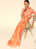 Dhimhi Women's Orange Striped Satin Party Wear Saree with Matching Blouse