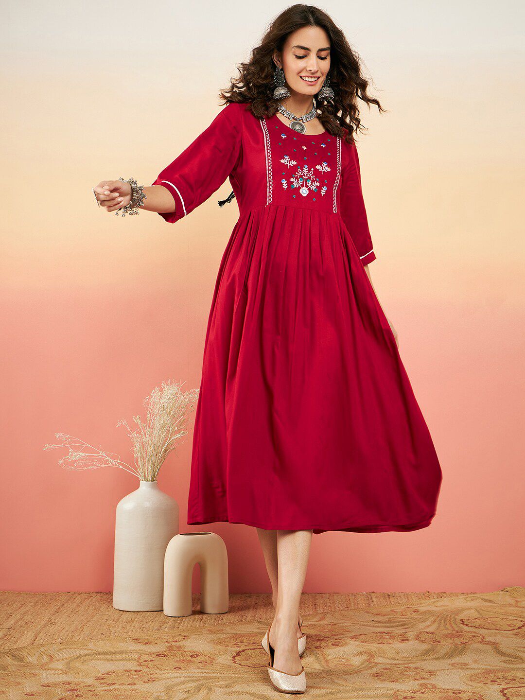 Dhimhi Women's Floral Embroidered Fit & Flared Dress