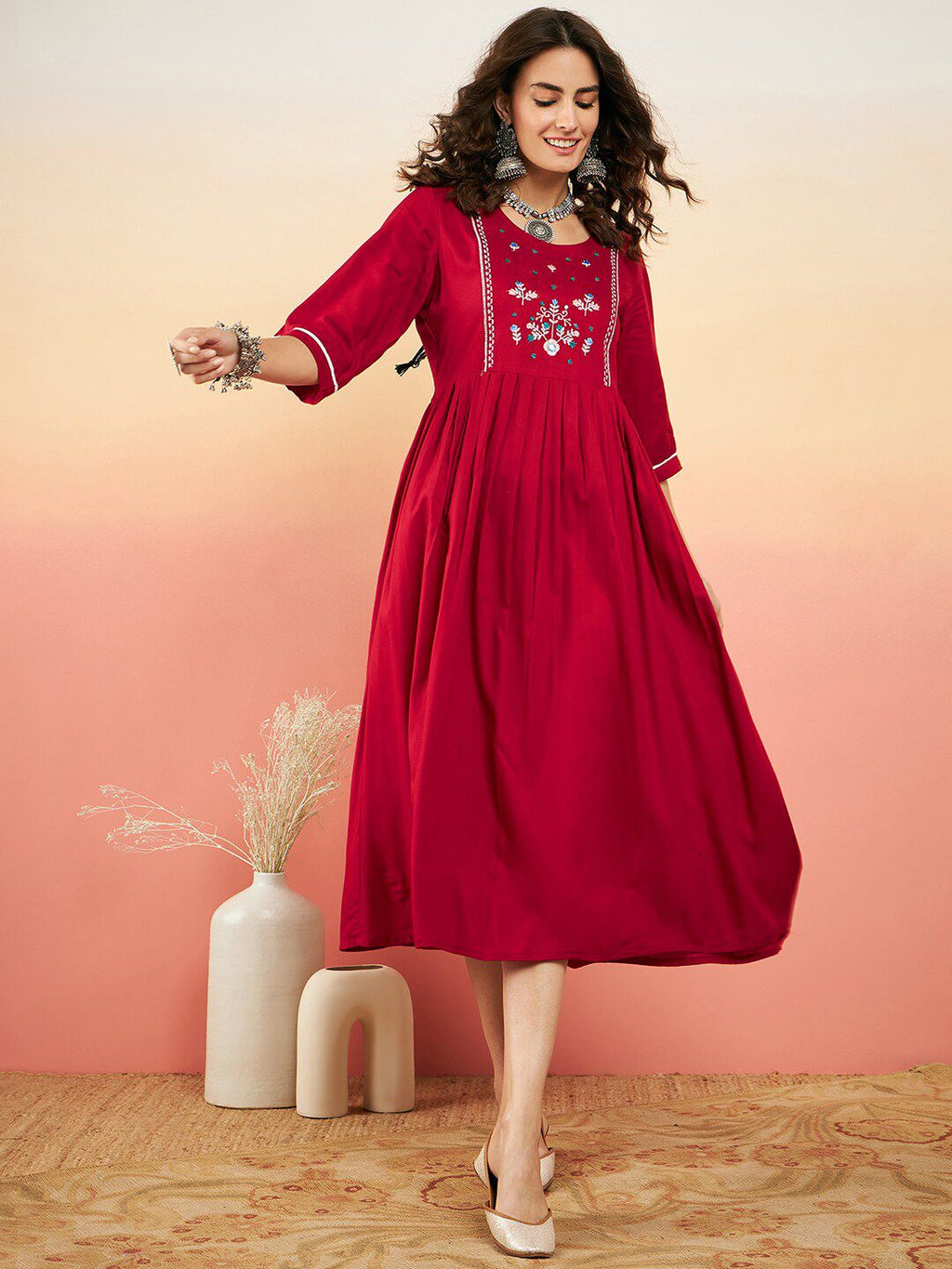 Dhimhi Women's Floral Embroidered Fit & Flared Dress