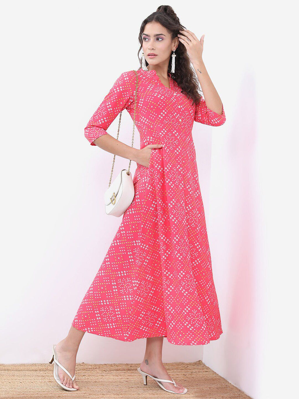 Dhimhi Women's Pink Bandhani Printed A-Line Maxi Ethnic Dress