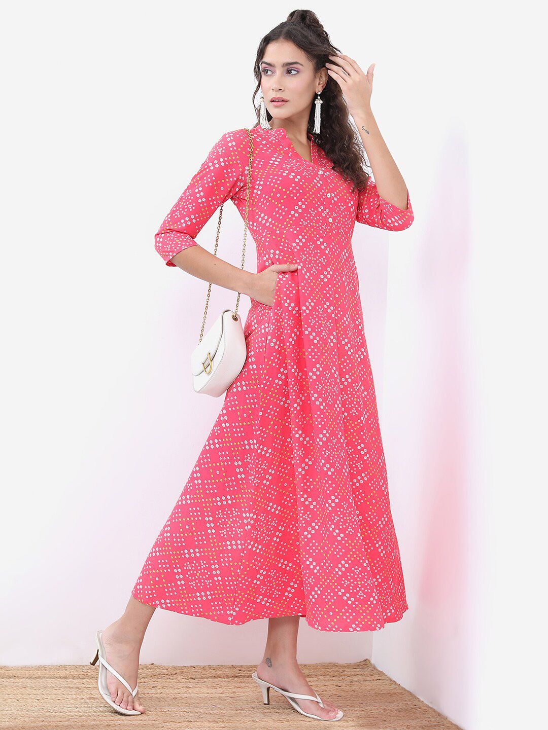 Dhimhi Women's Pink Bandhani Printed A-Line Maxi Ethnic Dress
