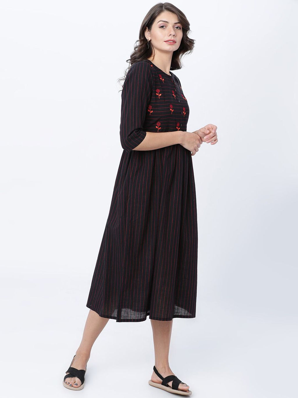 Dhimhi Women's Black & Red Striped Fit and Flare Dress
