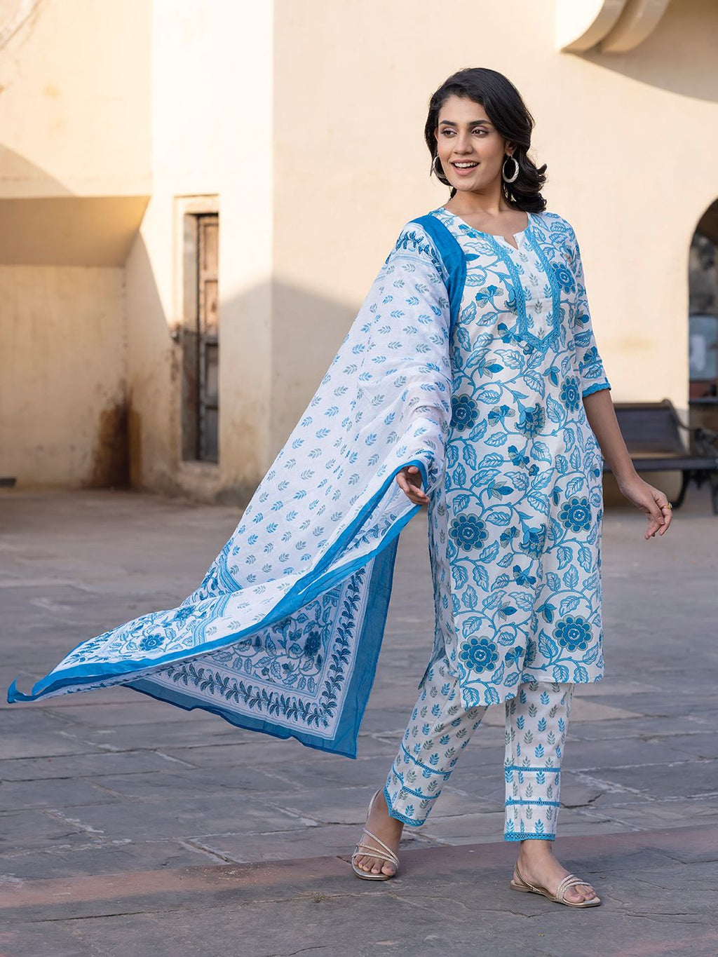 Dhimhi Women's Floral Printed Straight Pure Cotton Kurta With Trousers & Dupatta