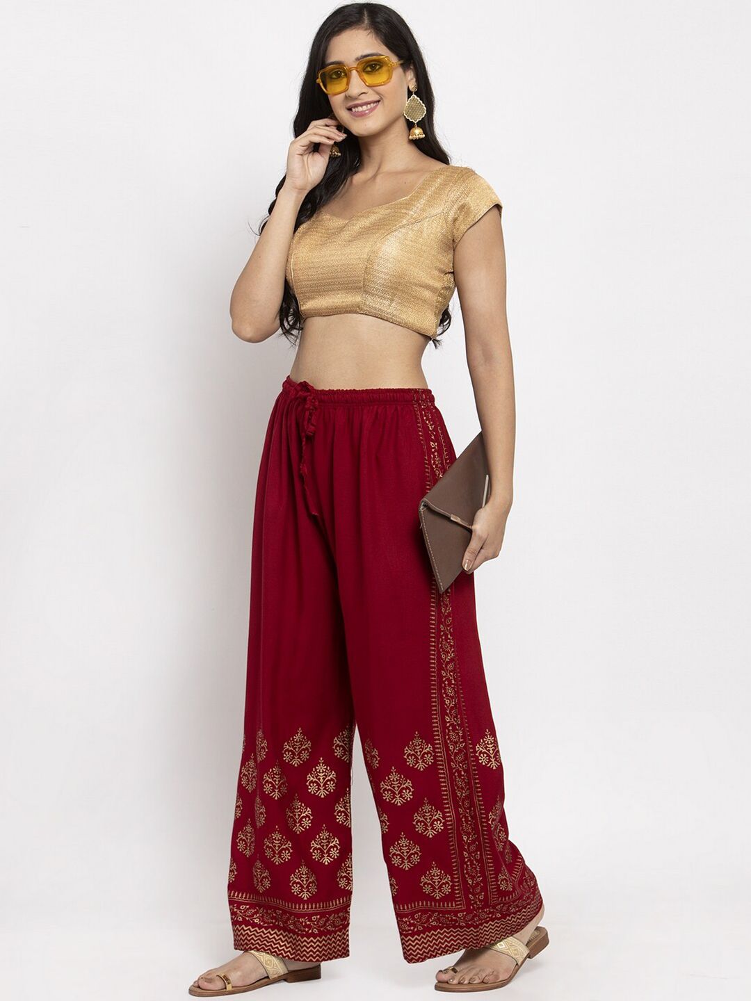 Dhimhi Women's Maroon & Gold-Toned Floral Printed Ethnic Palazzos