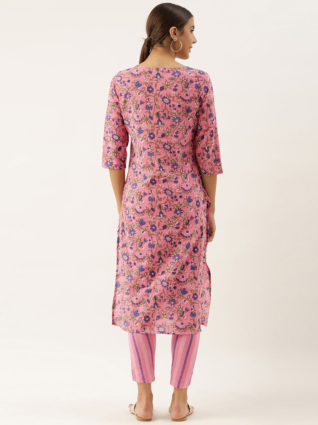 Dhimhi Women's Pink Pure Cotton Floral Print Kurta with Trousers