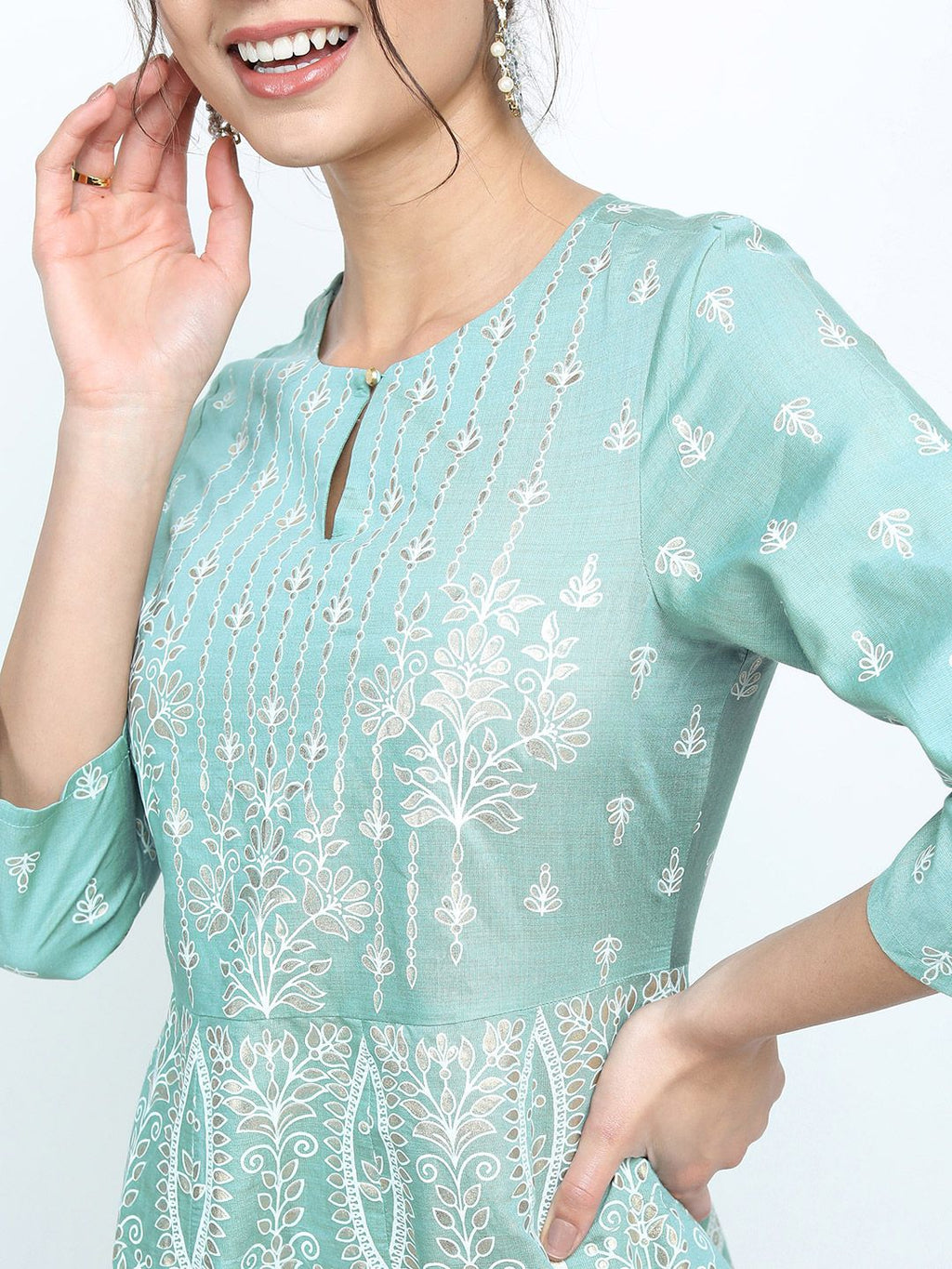 Dhimhi Women's Sea Green & White Ethnic Motifs Keyhole Neck A-line Dress