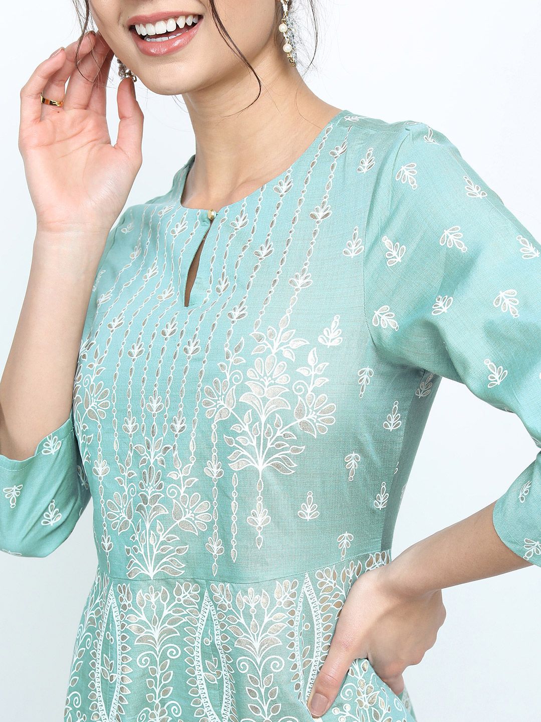 Dhimhi Women's Sea Green & White Ethnic Motifs Keyhole Neck A-line Dress