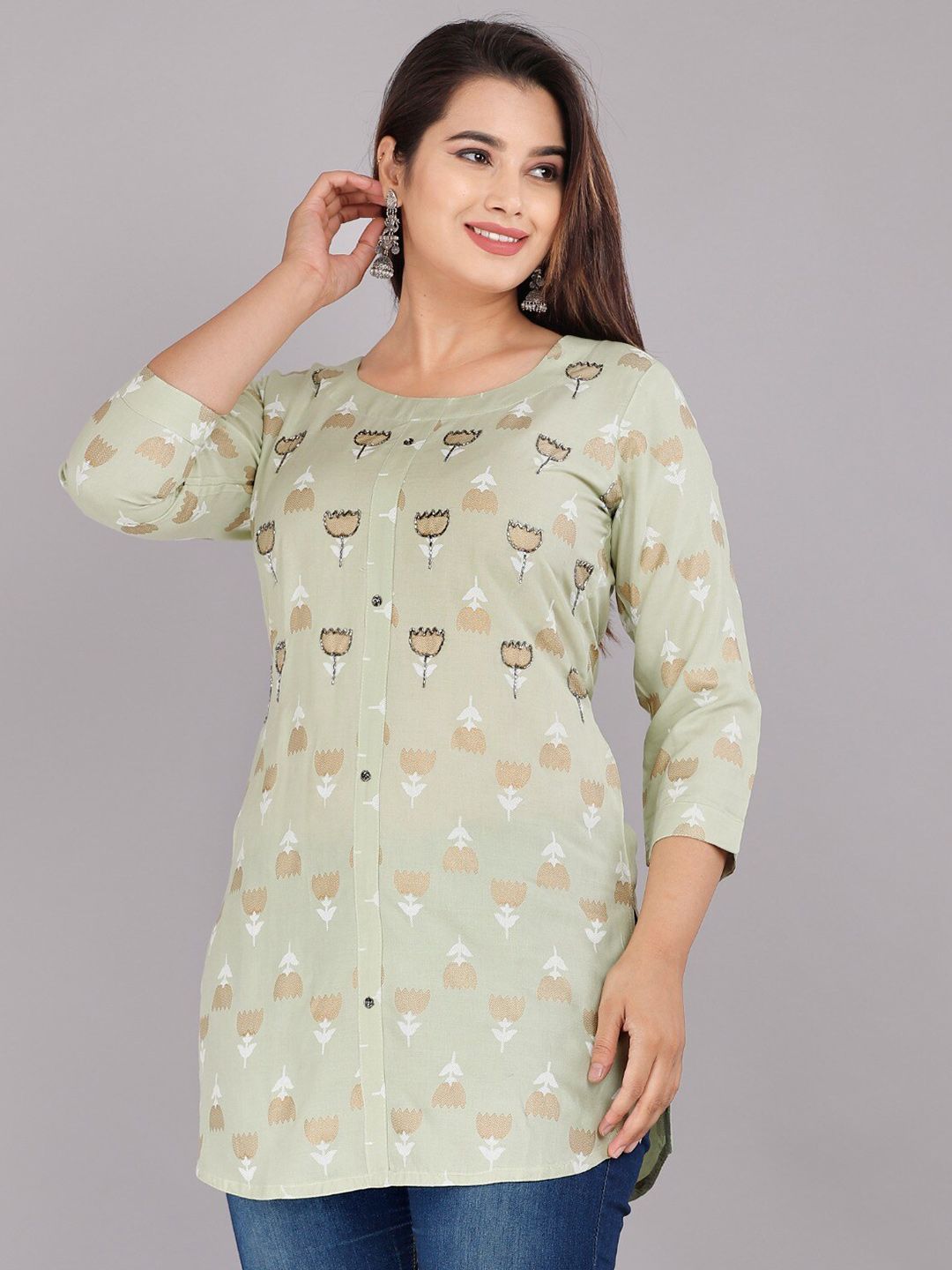 Dhimhi Women's Floral Printed Round Neck Longline Top