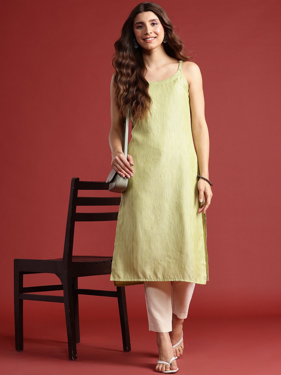 Shoulder Straps Woven Design Striped Straight Kurta