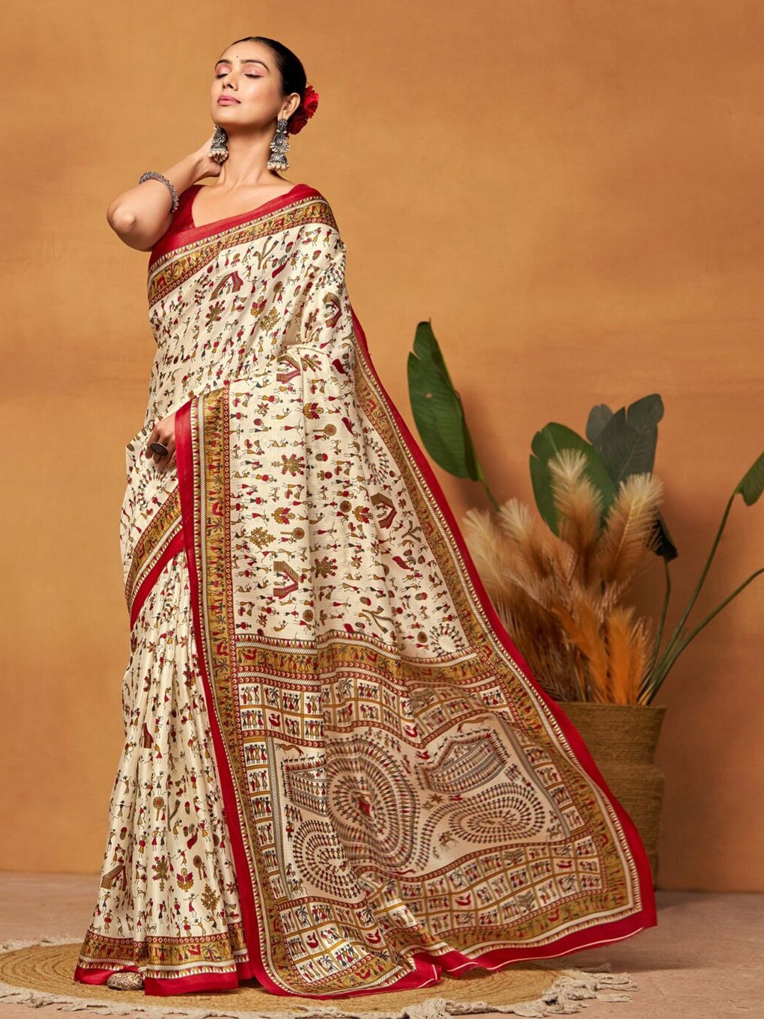 Dhimhi Women's Warli Art Silk Block Print Saree