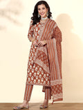Dhimhi Women's Rust Brown Ethnic Motif Printed Cotton Straight Kurta With Trousers & Dupatta
