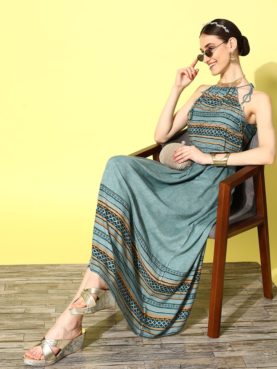 Dhimhi Women's Ethnic Motifs Printed Maxi Dress