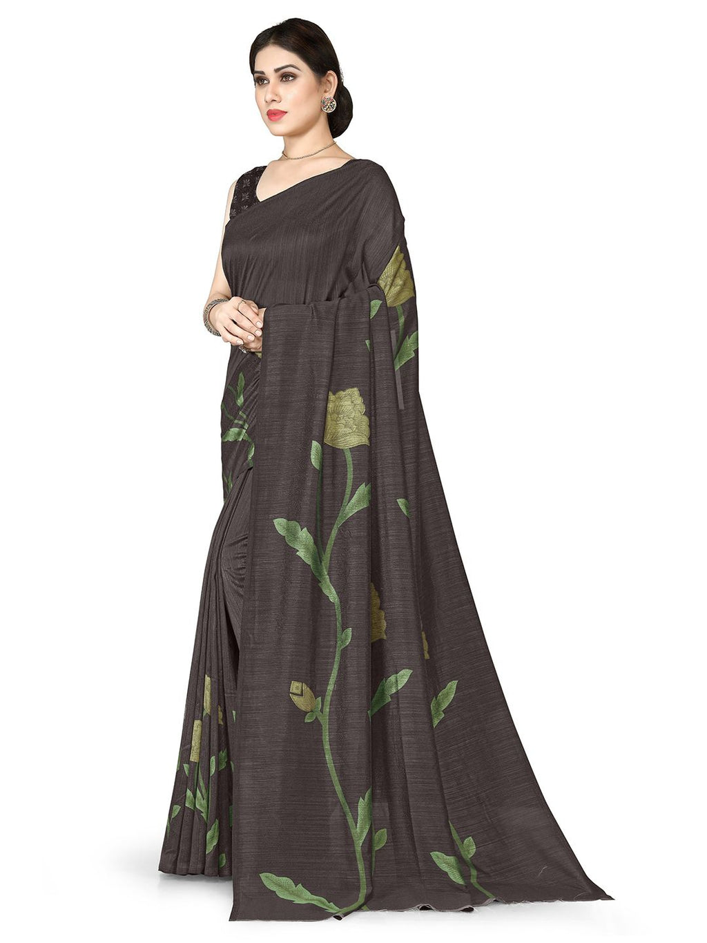 Dhimhi Women's Charcoal Grey & Green Floral Printed Saree