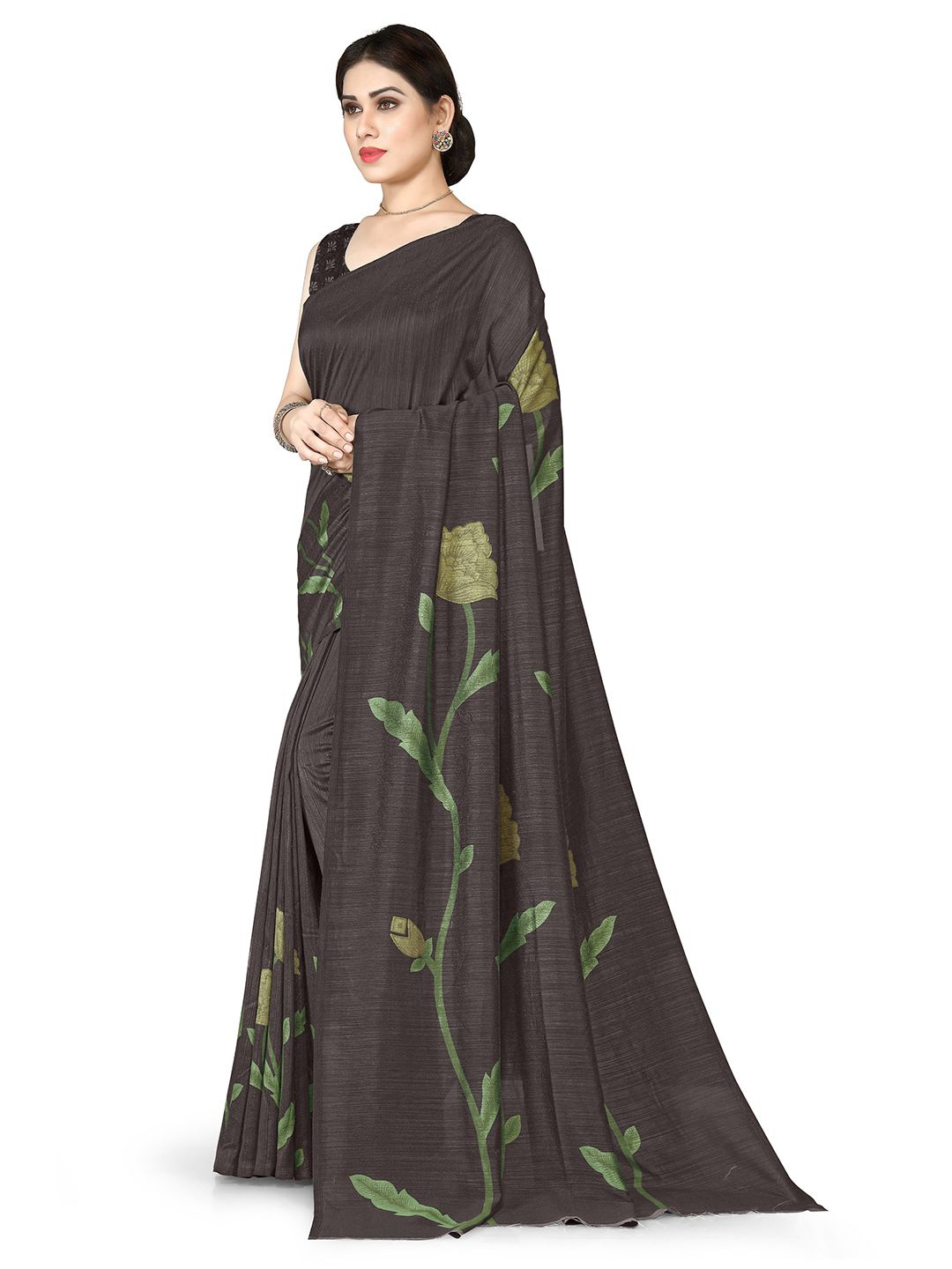 Dhimhi Women's Charcoal Grey & Green Floral Printed Saree