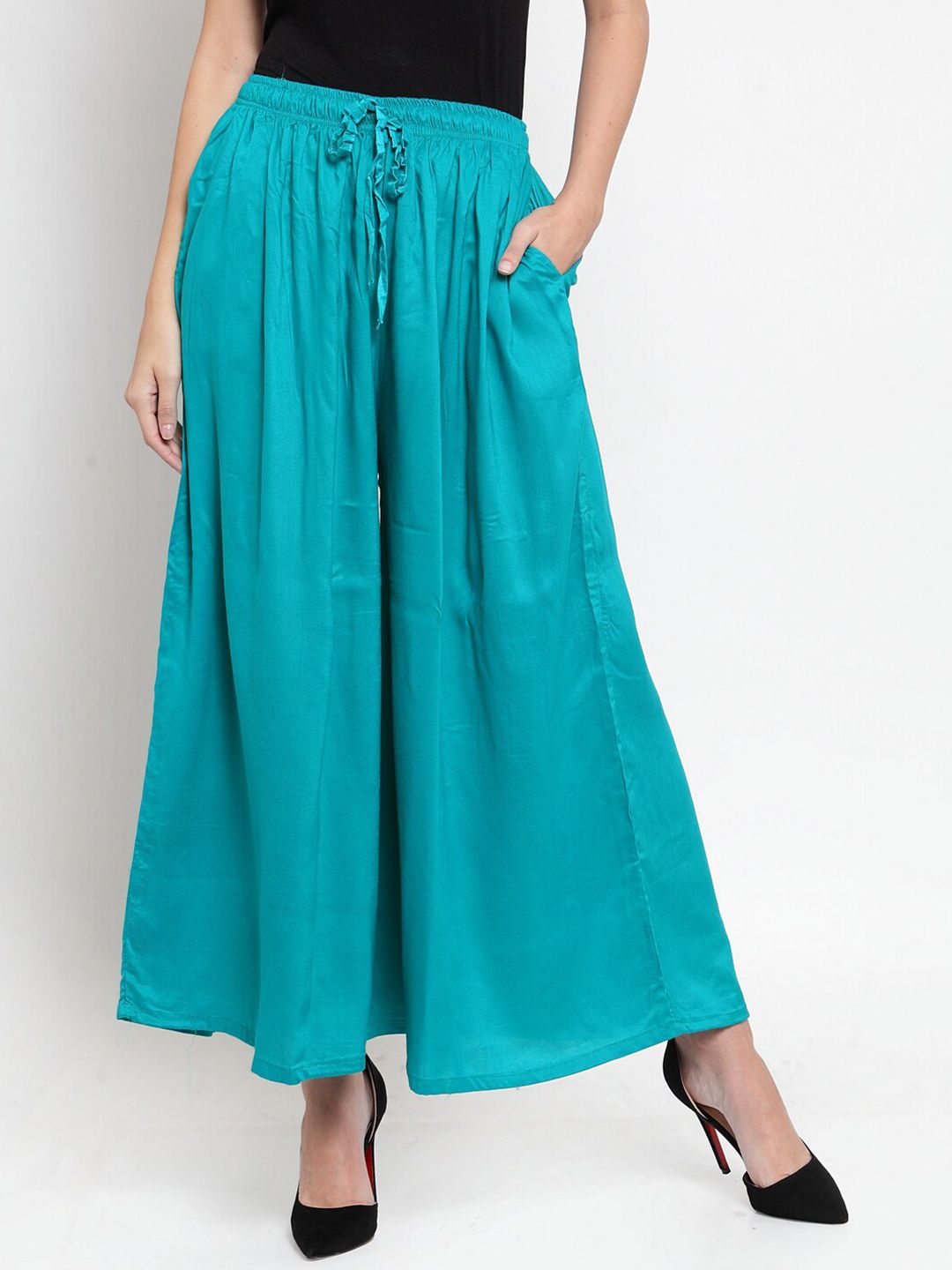 Dhimhi Women's Turquoise Blue Solid Flared Palazzo
