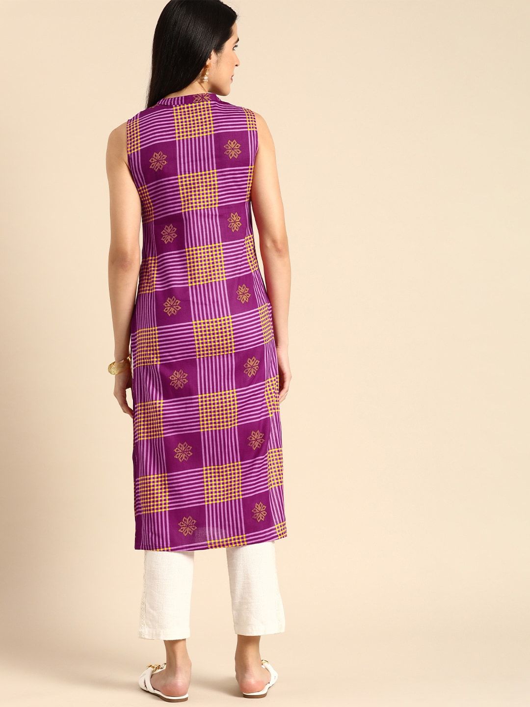 Women Checked & Ethnic Motifs Print Band Collar Pastels Cotton Straight Kurta