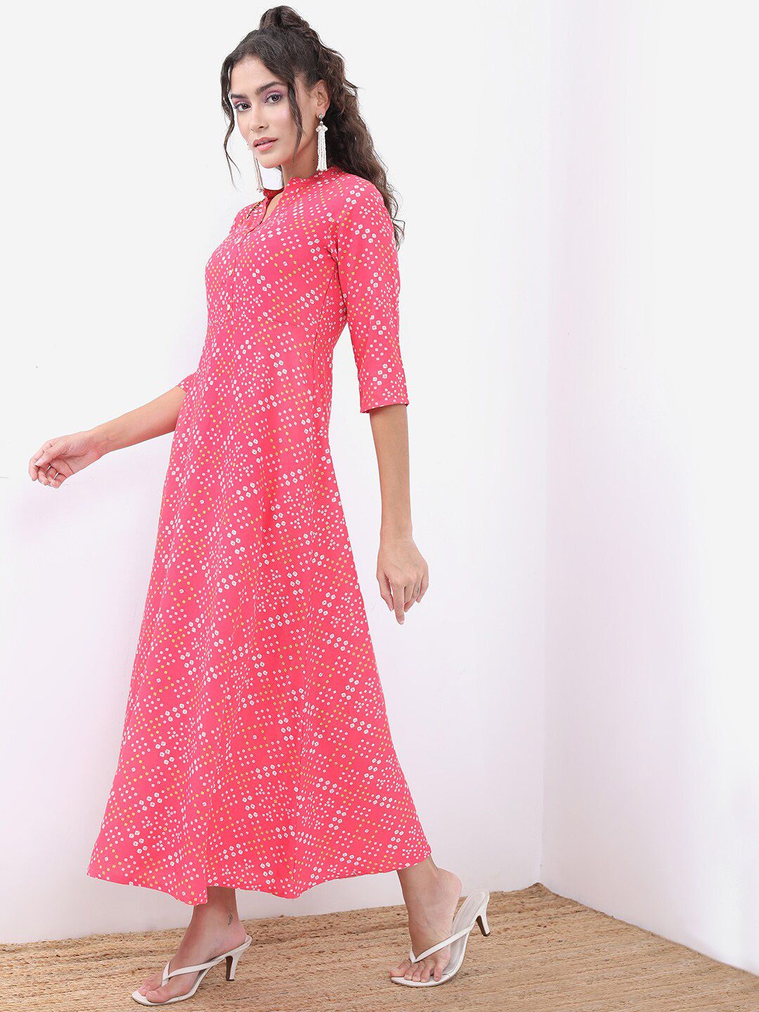 Dhimhi Women's Pink Bandhani Printed A-Line Maxi Ethnic Dress