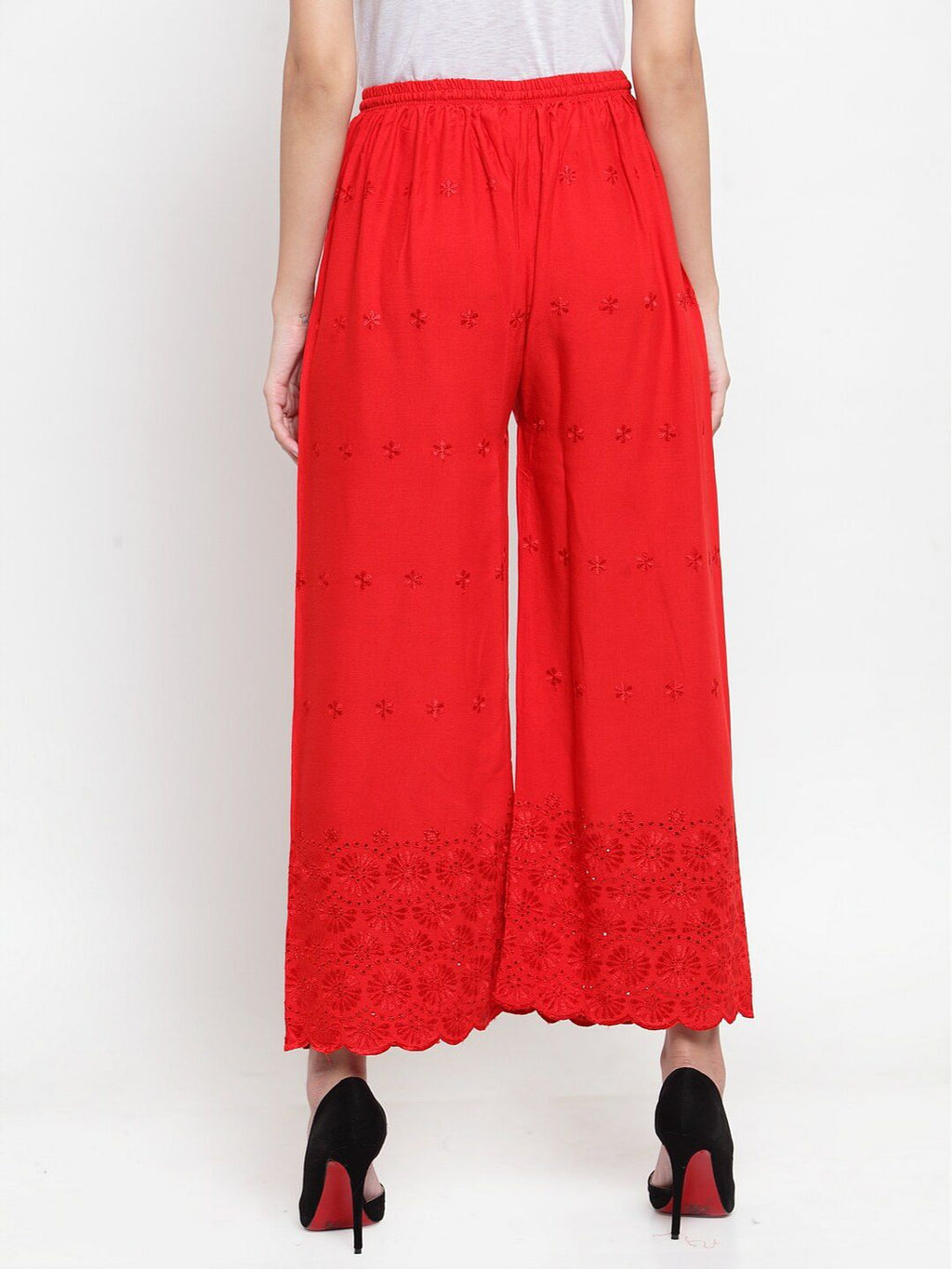 Dhimhi Women's Red Ethnic Motifs Chikankari Palazzos