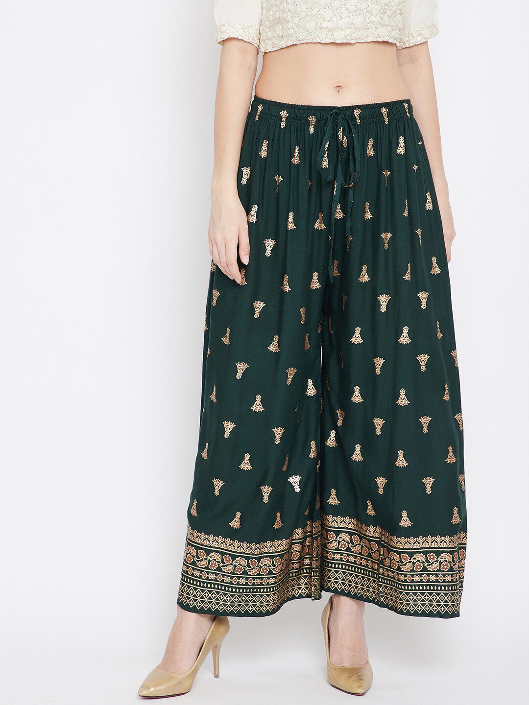 Dhimhi Women's Green & Gold-Toned Printed Flared Knitted Ethnic Palazzos
