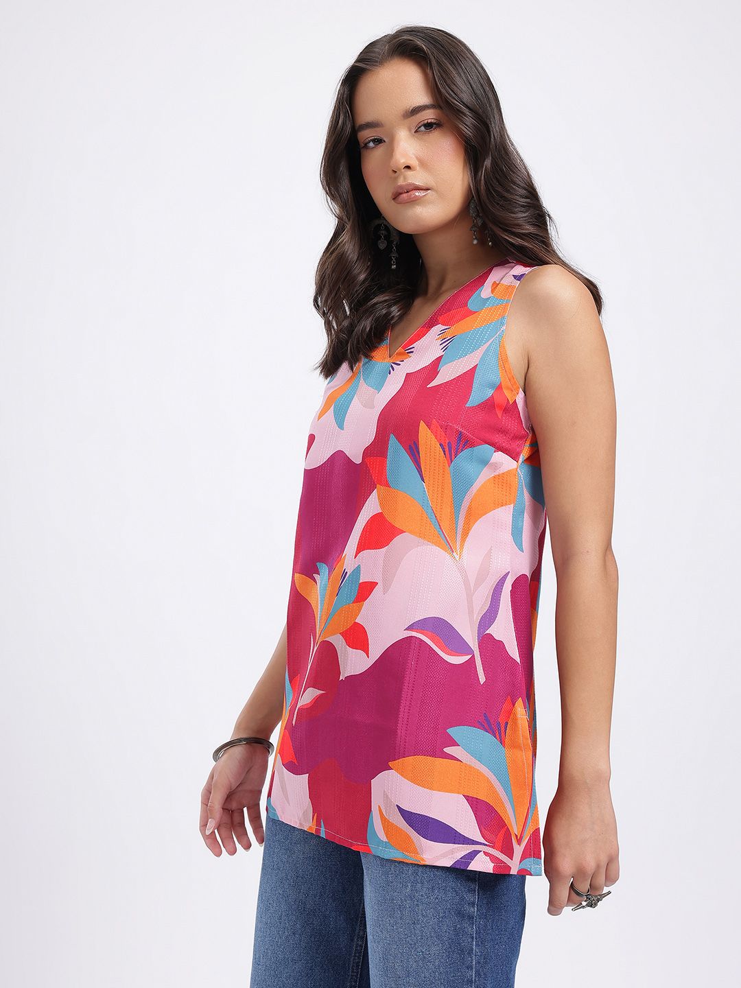 Dhimhi Women's Abstract Print Self-Striped Kurti Top