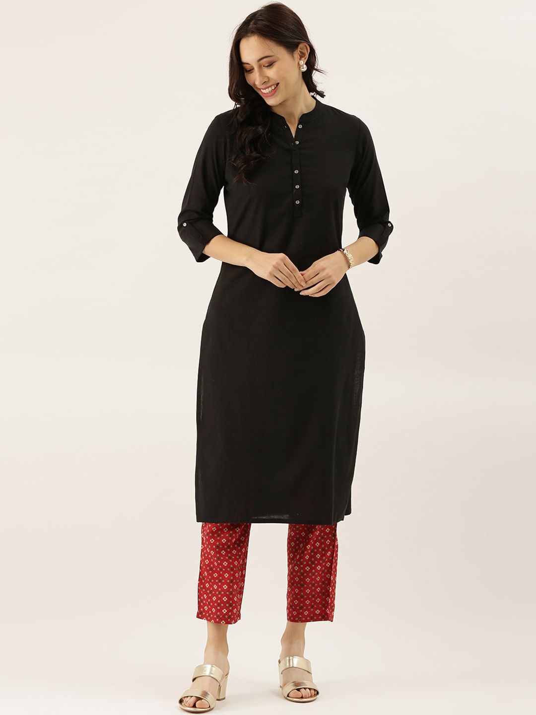 Mandarin Collar Roll-Up Sleeves Cotton Straight Kurta