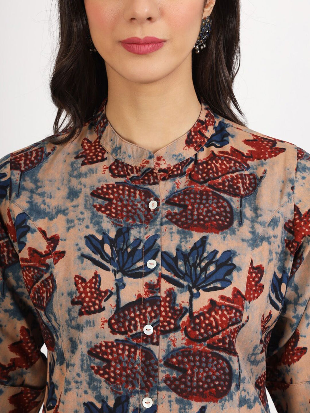 Dhimhi Women's Floral Printed Mandarin Collar Roll-Up Sleeves Shirt Style Top