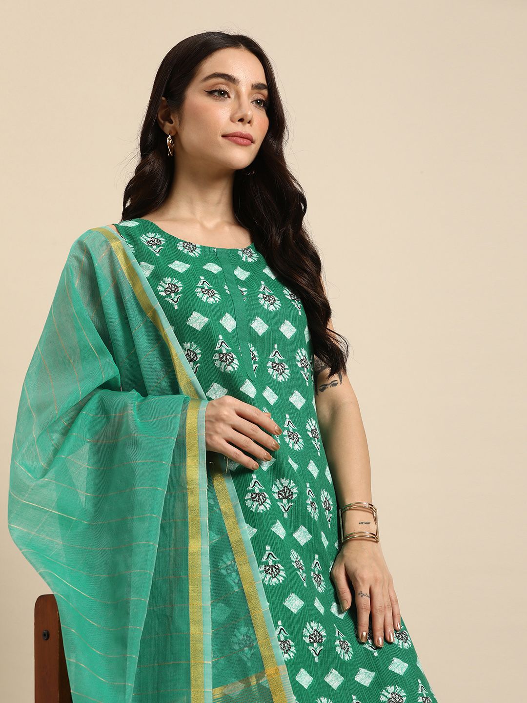 Dhimhi Women's Ethnic Motifs Printed Regular Kurta with Trousers & Dupatta