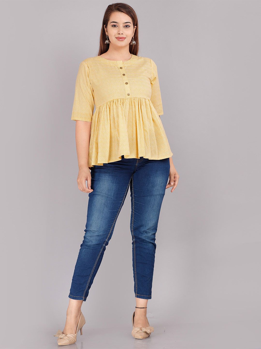Dhimhi Women's Yellow Solid Pure Cotton Peplum Top