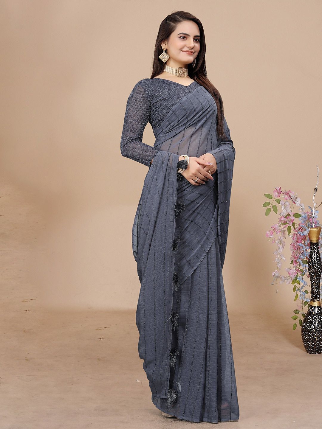 Dhimhi Women's Striped Pure Chiffon Saree