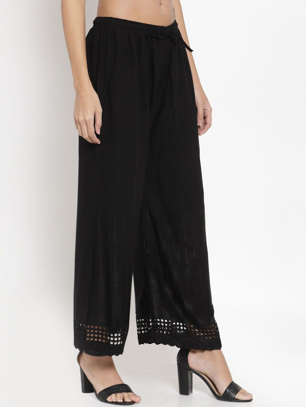 Dhimhi Women's Black Hem Design Straight Palazzos
