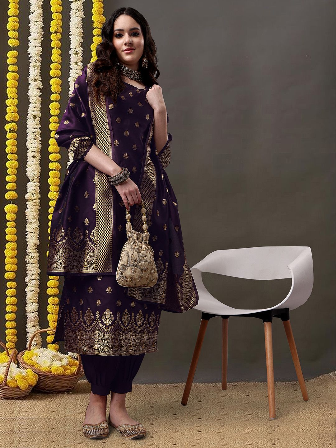 Dhimhi Women's Ethnic Motifs Woven Design Kurta With Salwar & Dupatta - dhimhi