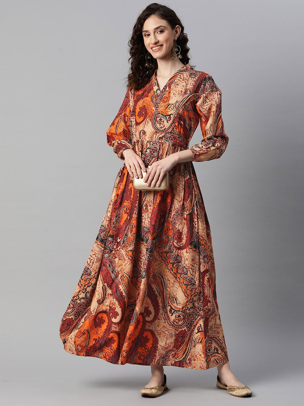 Dhimhi Women's Paisley Print Puff Sleeve A-Line Maxi Dress