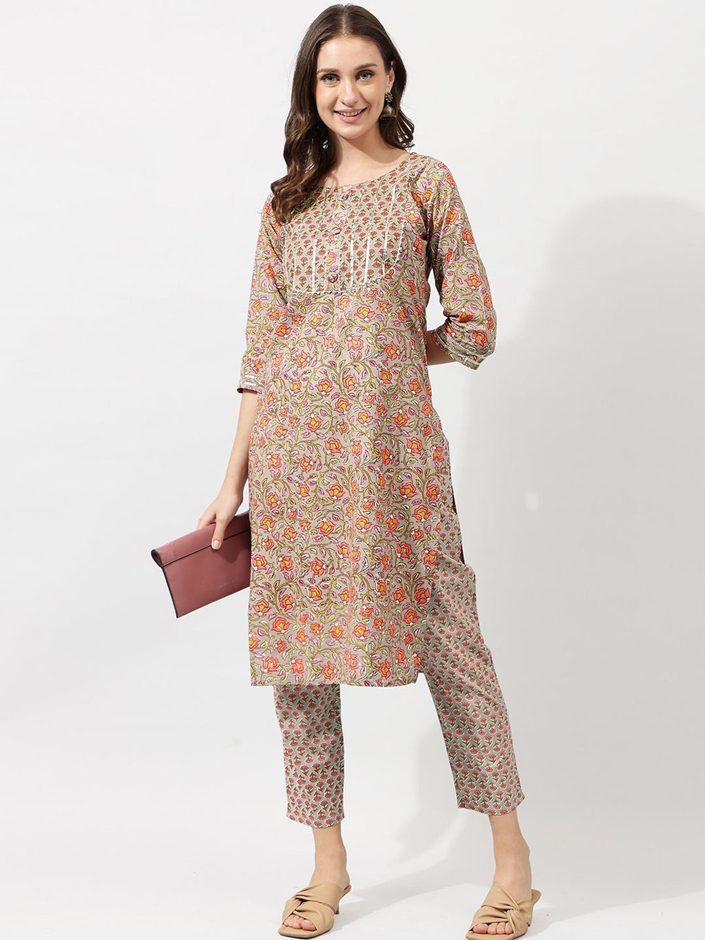 Dhimhi Women's Beige Ethnic Motifs Printed Gotta Patti Pure Cotton Kurta with Trousers