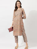 Dhimhi Women's Beige Ethnic Motifs Printed Gotta Patti Pure Cotton Kurta with Trousers