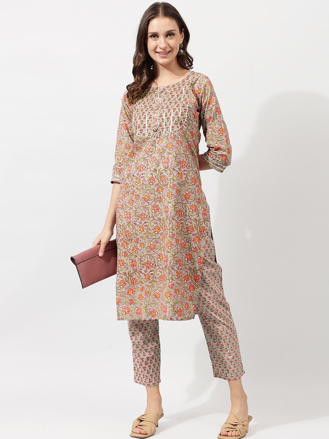 Dhimhi Women's Beige Ethnic Motifs Printed Gotta Patti Pure Cotton Kurta with Trousers