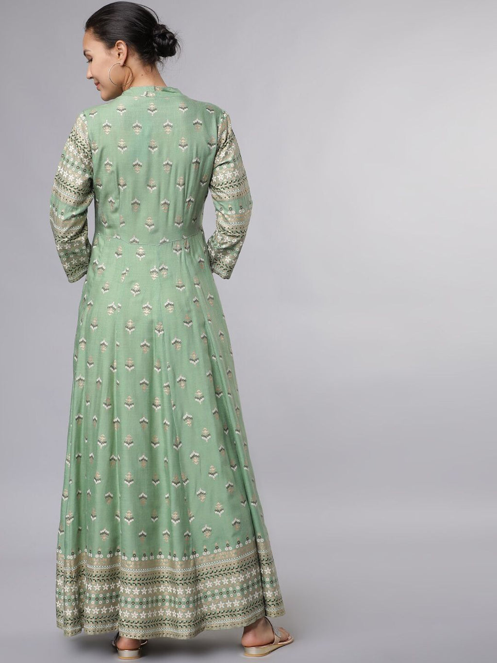 Dhimhi Women's Green Printed Ethnic Maxi Dress with Inner Slip Dress