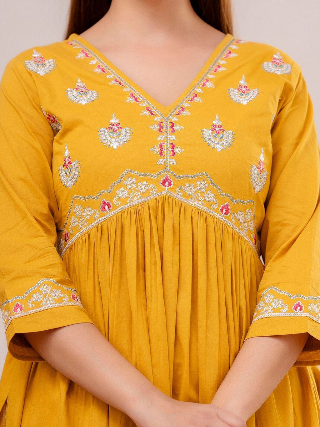 Dhimhi Women's Yellow Floral Embroidered Pure Cotton Empire Kurta With Trouser & Dupatta