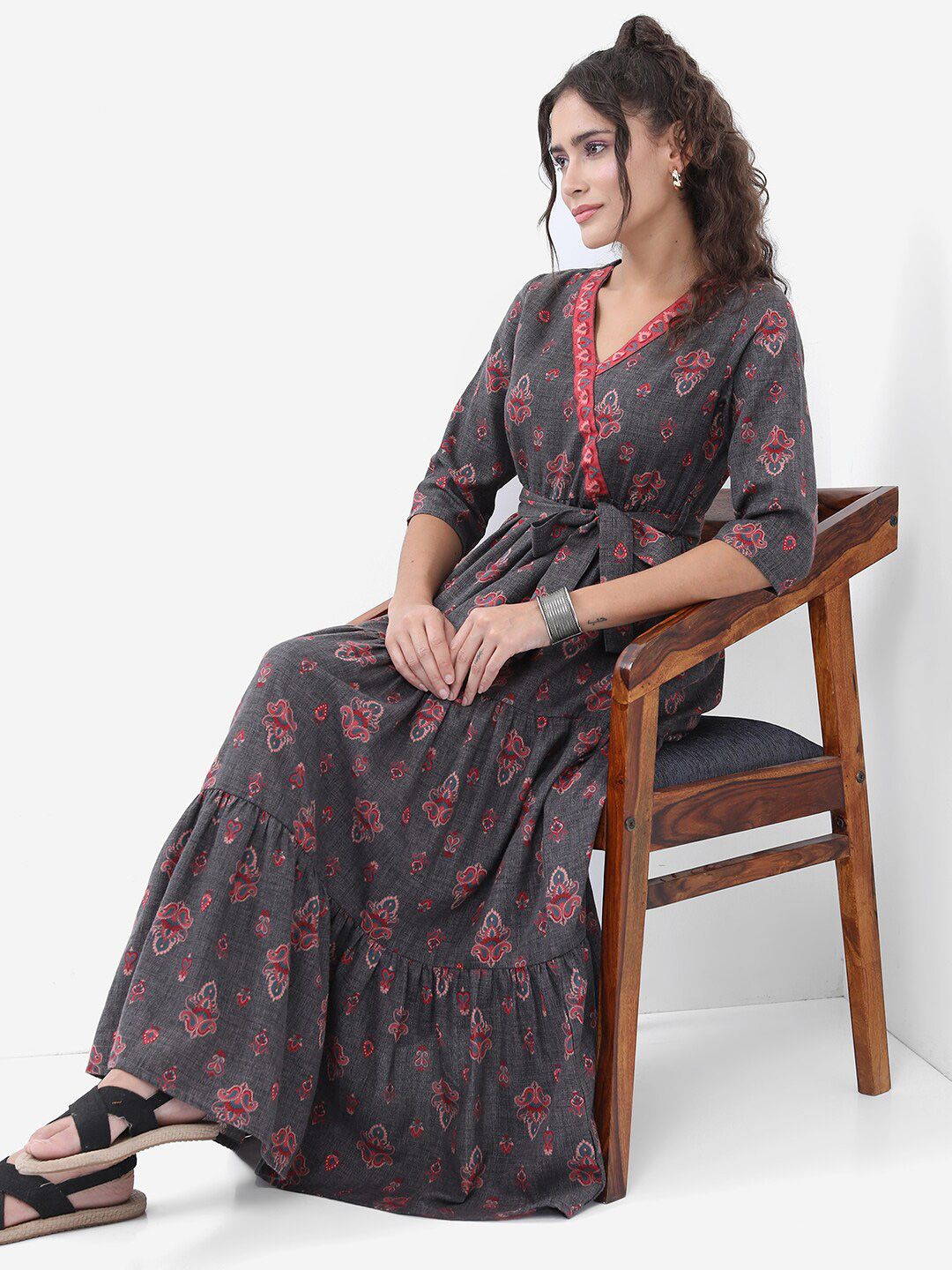 Dhimhi Women's Charcoal Ethnic Motif Printed Tiered Fit & Flare Midi Ethnic Dress