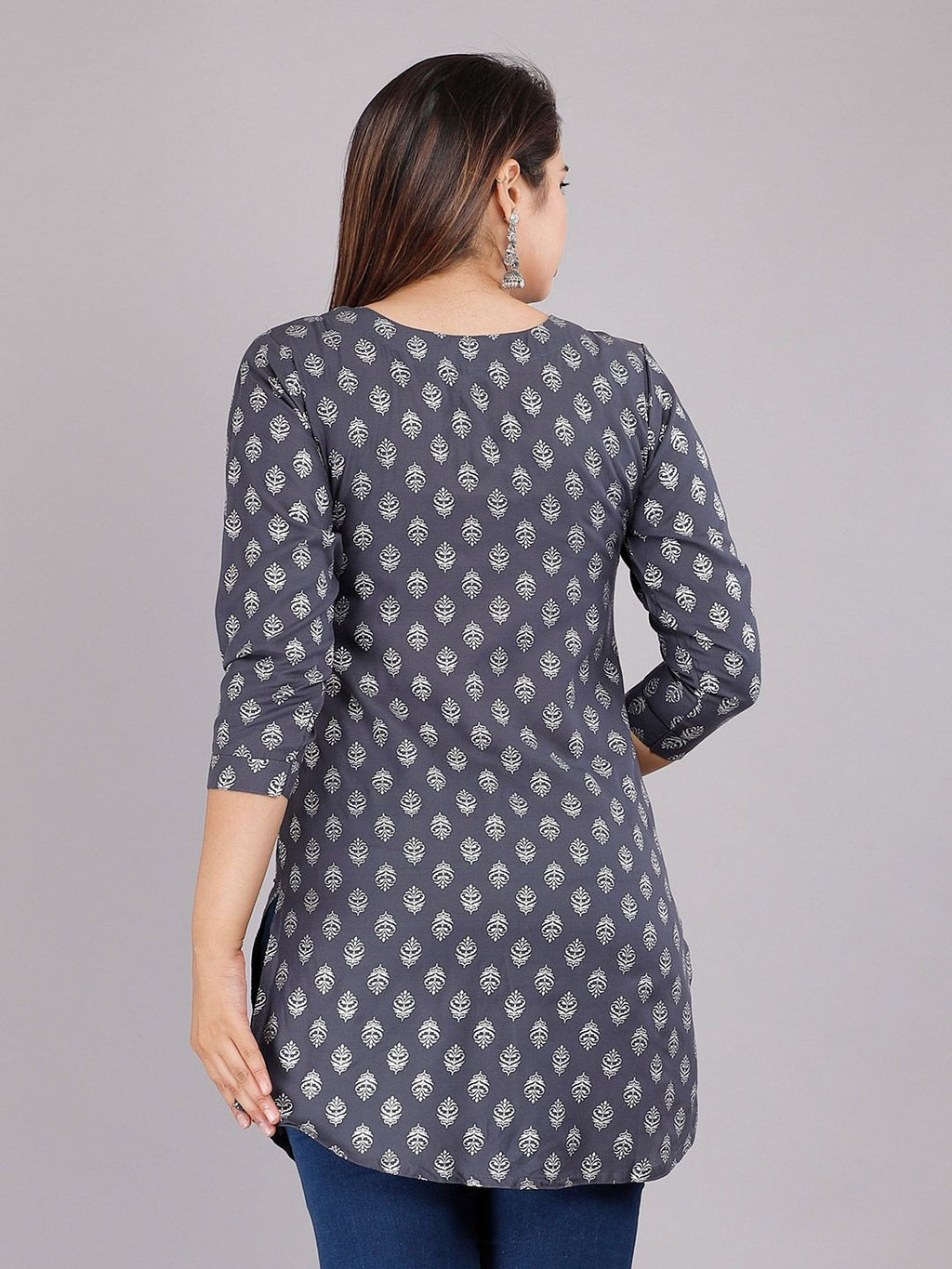 Dhimhi Women's Grey Print Viscose Rayon Longline Top