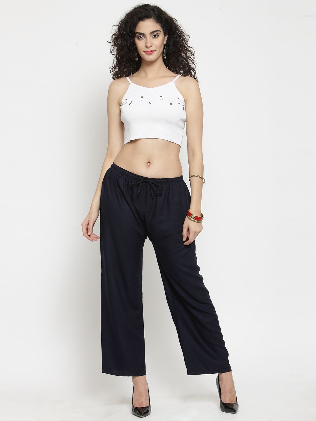 Dhimhi Women's Navy Blue Solid Straight Palazzos