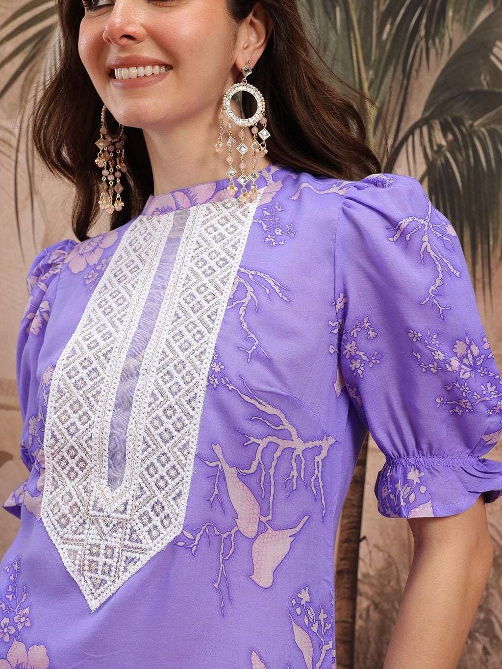 Dhimhi Women's Floral Printed Thread Work Detail Kurta with Palazzos