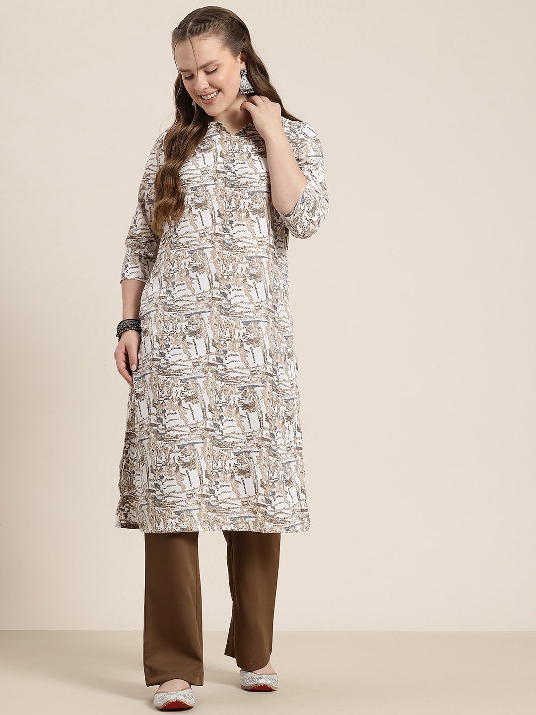 Abstract Print Notched Round Neck Calf-Length Straight Kurta