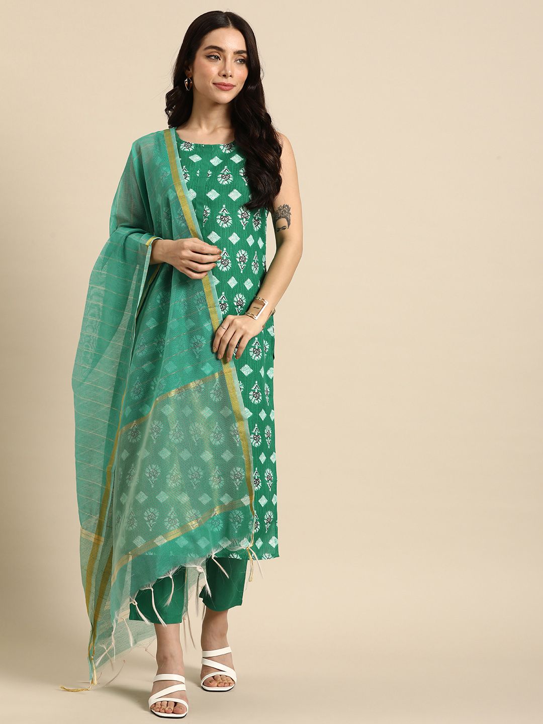 Dhimhi Women's Ethnic Motifs Printed Regular Kurta with Trousers & Dupatta