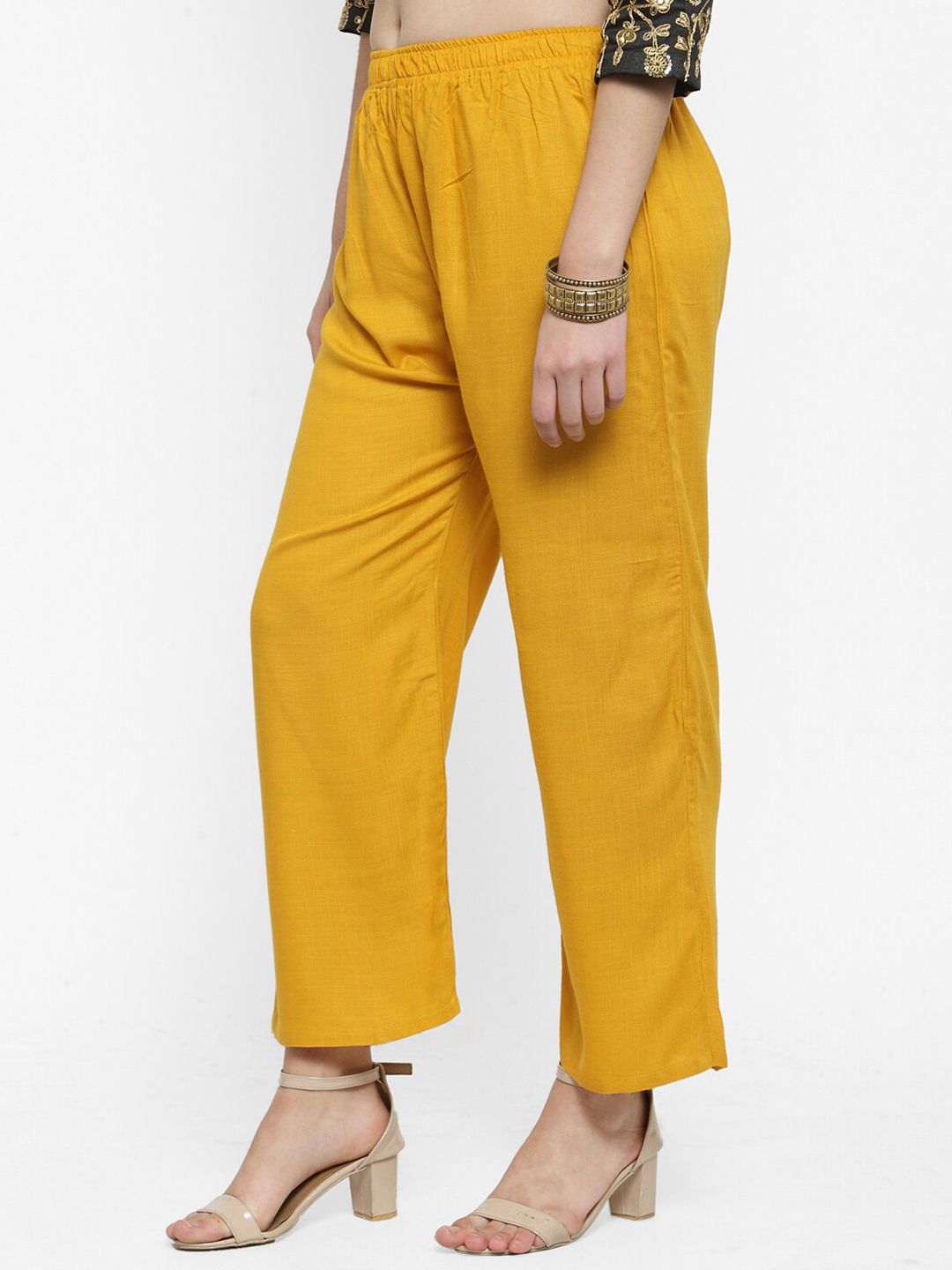 Dhimhi Women's Mustard Yellow Flared Ethnic Palazzos
