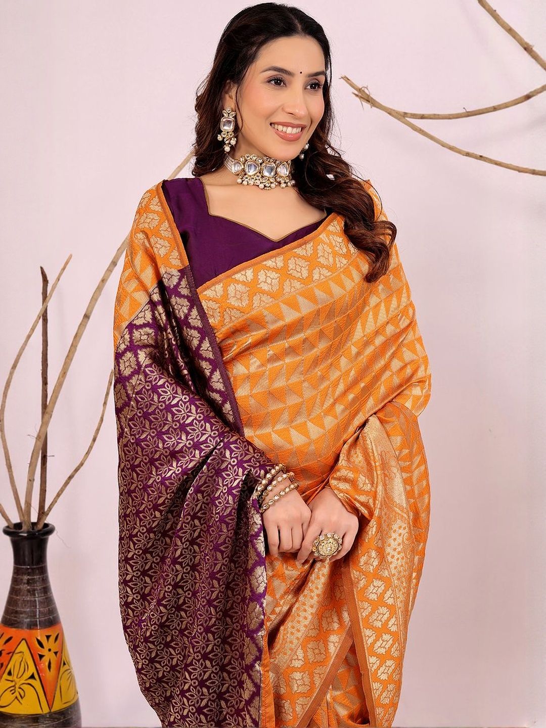 Dhimhi Women's Orange Woven Design Silk Cotton Kanjeevaram Sarees