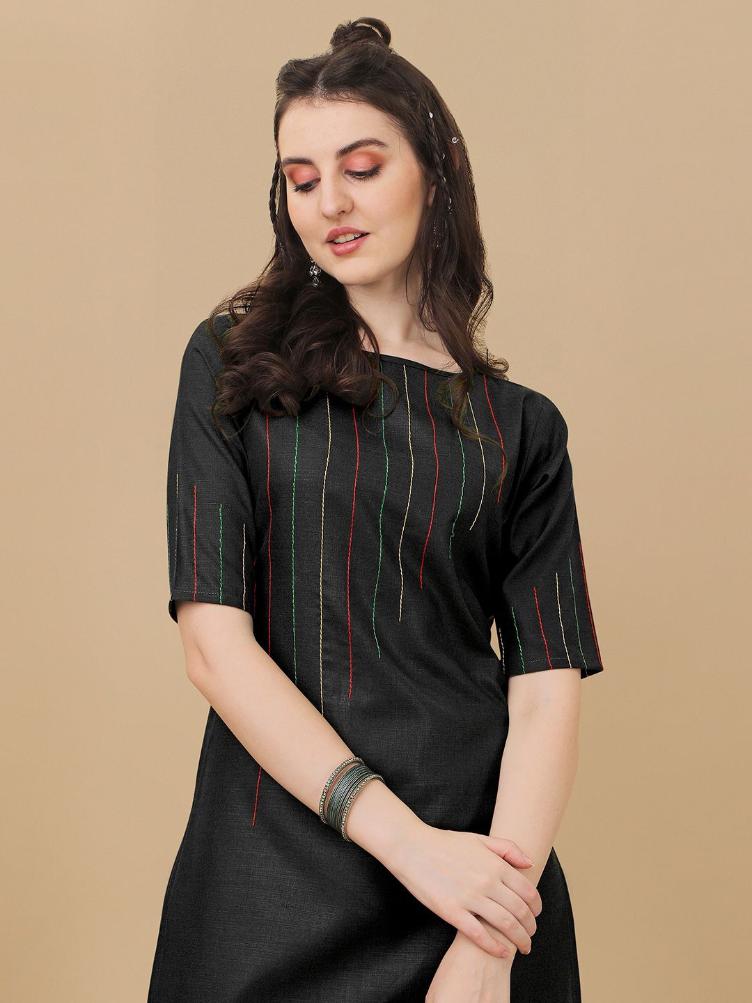 Dhimhi Women's Striped Kurta with Trousers with Digital Print Dupatta