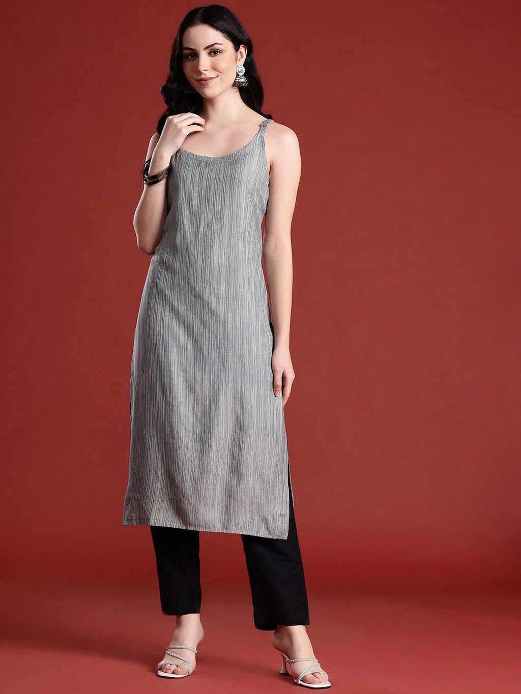 Shoulder Straps Striped Straight Kurta