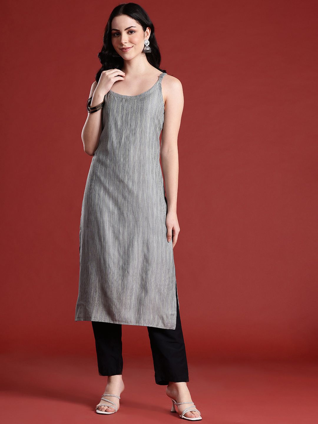 Shoulder Straps Striped Straight Kurta