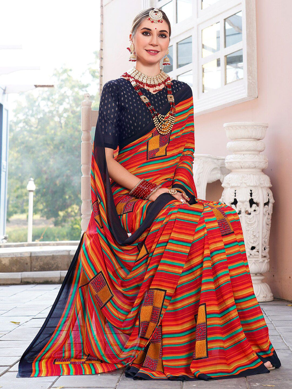 Dhimhi Women's Orange Geometric Printed Saree